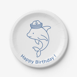 Dolphin with Sailor Hat, Happy Birthday Paper Plates