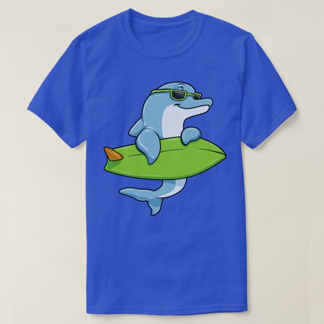 Dolphin with sunglasses as surfer with surfboard 2 T-Shirt (Design Front)