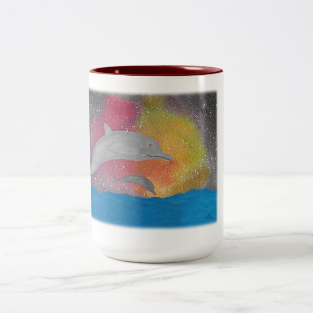 Dolphins Against a Galaxy Sky Two-Tone Coffee Mug (Center)