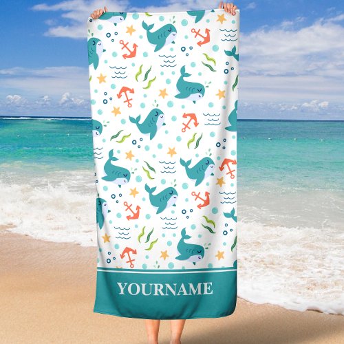 Dolphins and Anchors Teal and White Under the Sea Beach Towel