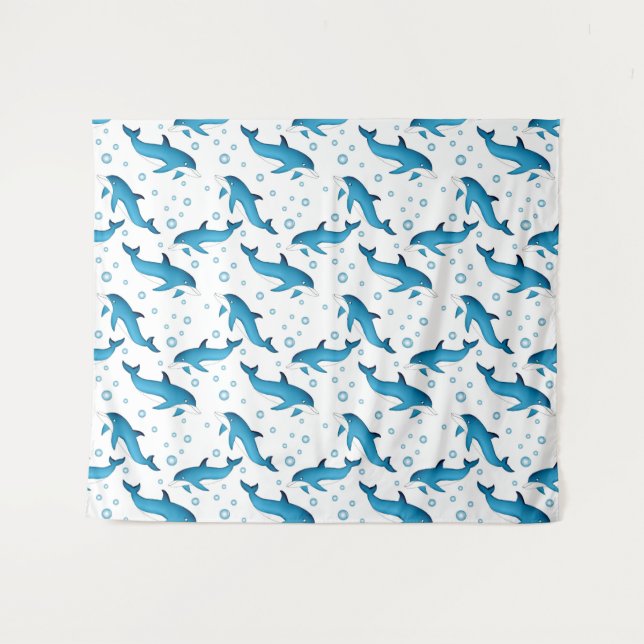 Dolphins and bubbles on white. Tapestry (Front (Horizontal))