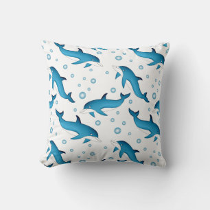Dolphins and bubbles on white. throw pillow