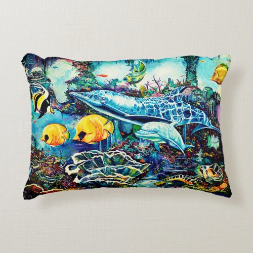Dolphins and Fish Near Ocean Reef Accent Pillow