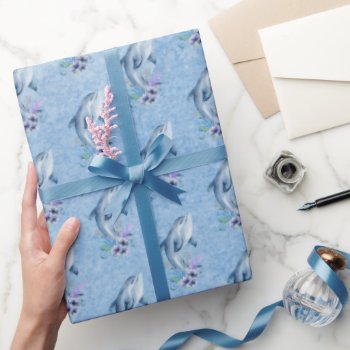 Dolphins And Flowers On Blue Wrapping Paper by dryfhout at Zazzle