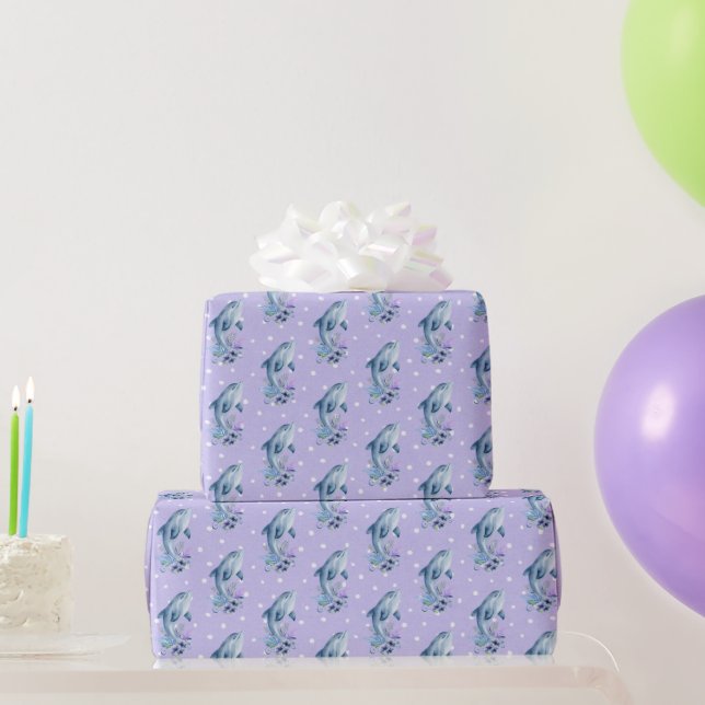 Dolphins and Flowers On Polka Dots Wrapping Paper (Party Gifts)