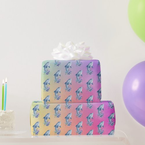 Dolphins and Flowers On Rainbow Background Wrapping Paper