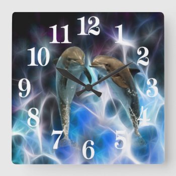 Dolphins And Fractal Crystals Square Wall Clock by laureenr at Zazzle