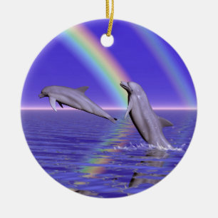 Dolphins and Rainbow Ceramic Ornament