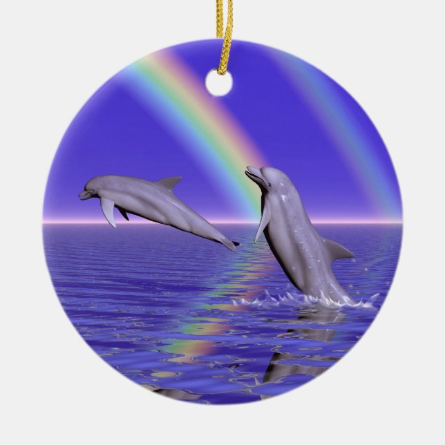 Dolphins and Rainbow Ceramic Ornament (Front)