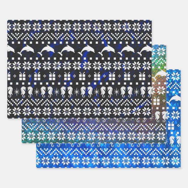 Dolphins and Seahorses Blue Christmas Patterned Wrapping Paper Sheets (Set)