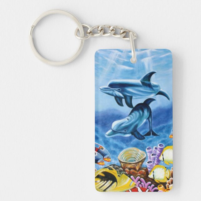 Dolphins and Tropical Fish Art Keychain (Front)