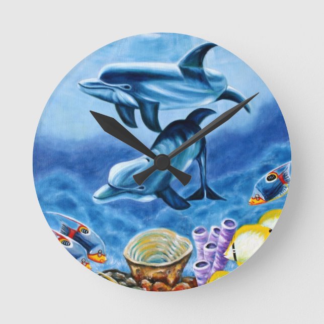 Dolphins and Tropical Fish Art Round Clock (Front)
