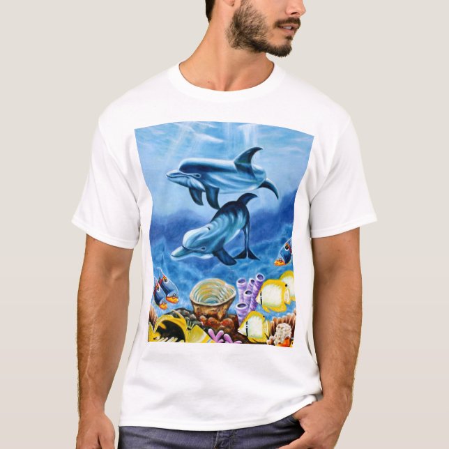 Dolphins and Tropical Fish Art T-Shirt (Front)