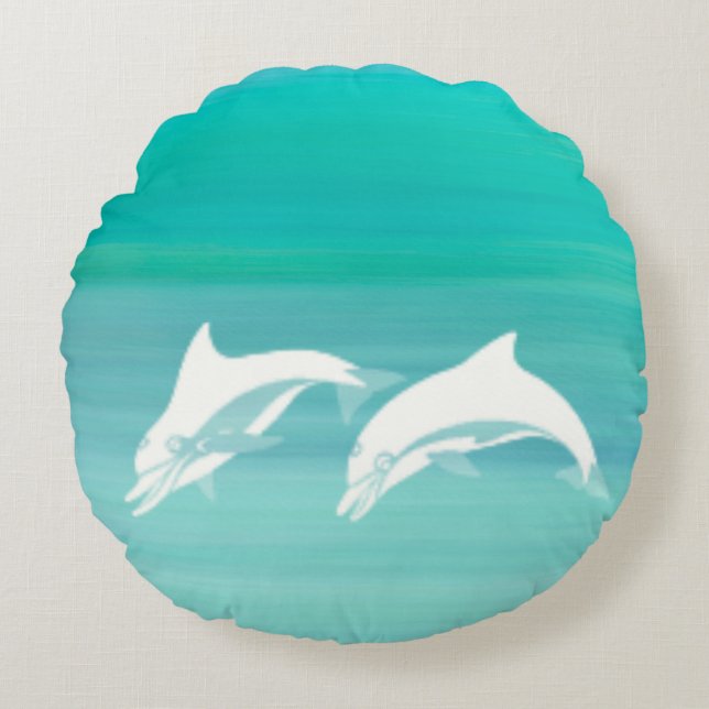 Dolphins aquamarine ocean water round pillow (Front)