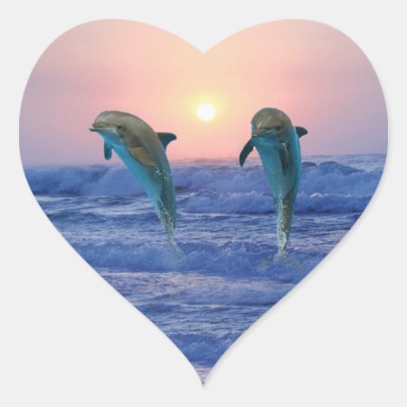 Dolphins At Sunrise Heart Sticker