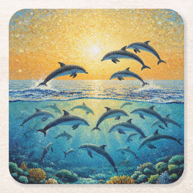 Dolphins At Sunset Square Paper Coaster (Front)
