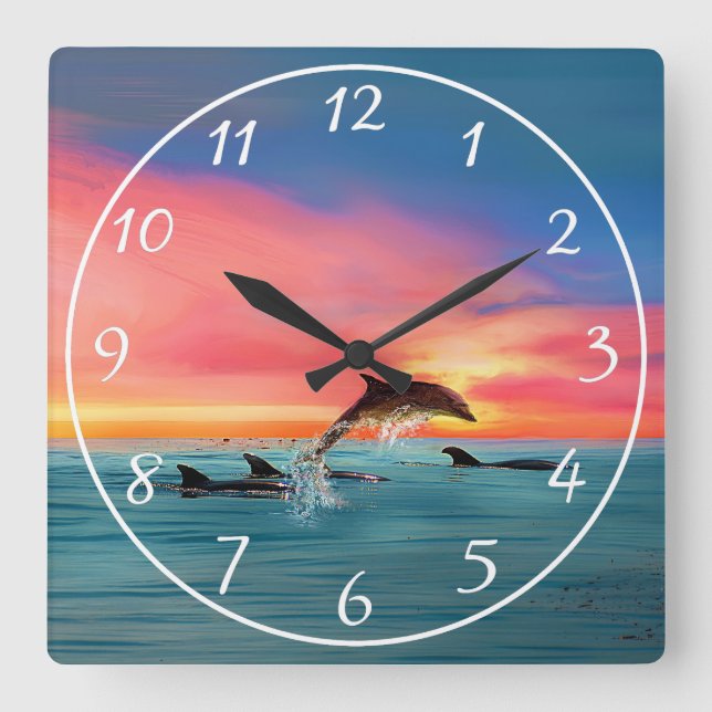 Dolphins Beach Sunset Nautical Square Wall Clock (Front)