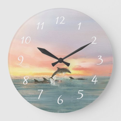 Dolphins Beach Sunset Ocean Seascape Watercolor Large Clock