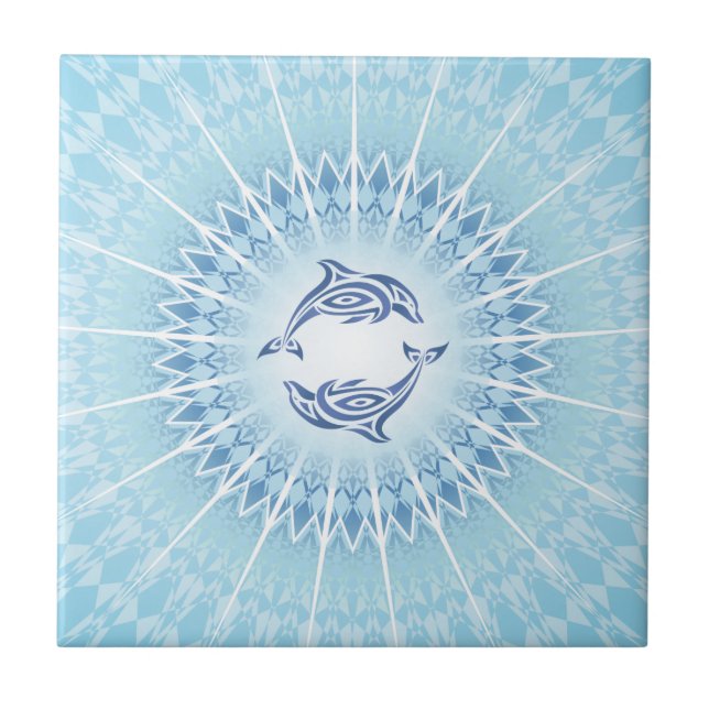 Dolphins Blue Mandala Coastal Ocean Tile (Front)