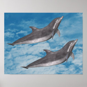 Dolphins Blue Sky White Clouds Fantasy Art Poster