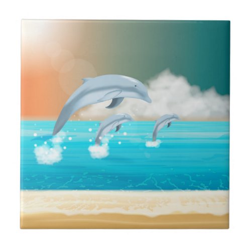 dolphins breaching in the ocean       ceramic tile