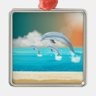 dolphins breaching in the ocean metal ornament