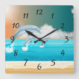 dolphins breaching in the ocean square wall clock