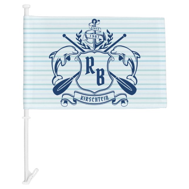 Dolphins Coastal Emblem Anchor Oar Shield Nautical Car Flag (Front)