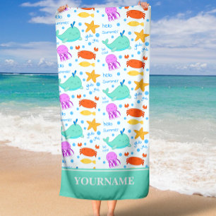 Dolphins, Crabs, Octopus and Starfish Custom Name Beach Towel