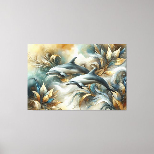 Dolphins Golden Botanical Dreamscape Canvas Print (Front)