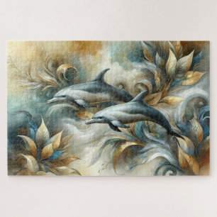 Dolphins Golden Botanical Dreamscape Jigsaw Puzzle
