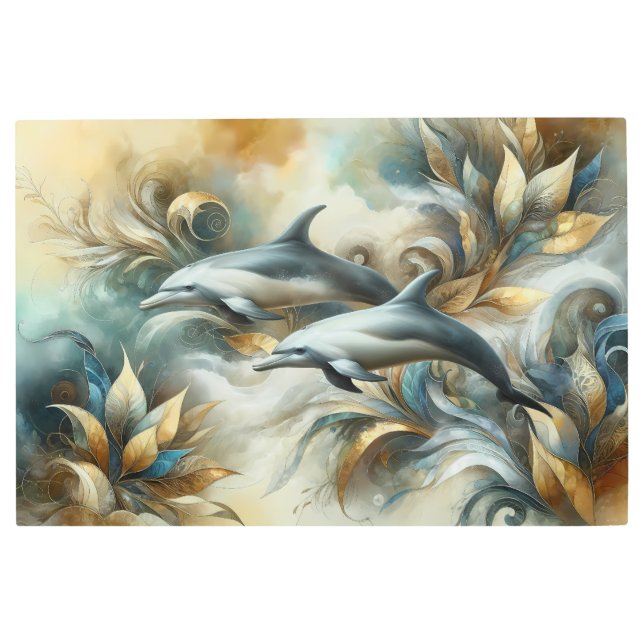 Dolphins Golden Botanical Dreamscape Metal Print (Front)