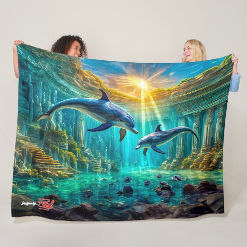 Dolphins in Atlantis Design by Rich AMeN Gill Fleece Blanket