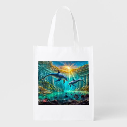 Dolphins in Atlantis Design By Rich AMeN Gill Grocery Bag