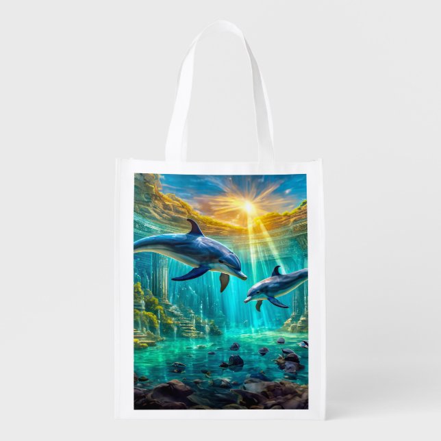 Dolphins in Atlantis Design By Rich AMeN Gill Grocery Bag (Front)