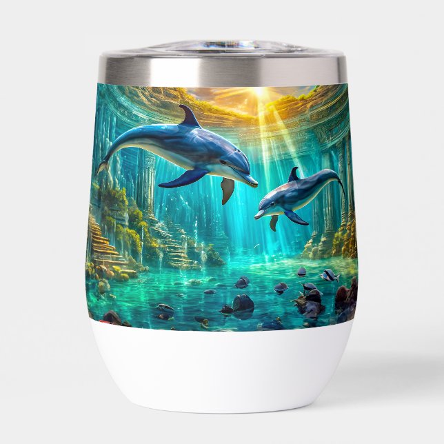 Dolphins in Atlantis Design By Rich AMeN Gill Thermal Wine Tumbler (Front)
