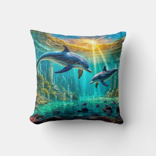 Dolphins in Atlantis Design by Rich AMeN Gill Throw Pillow