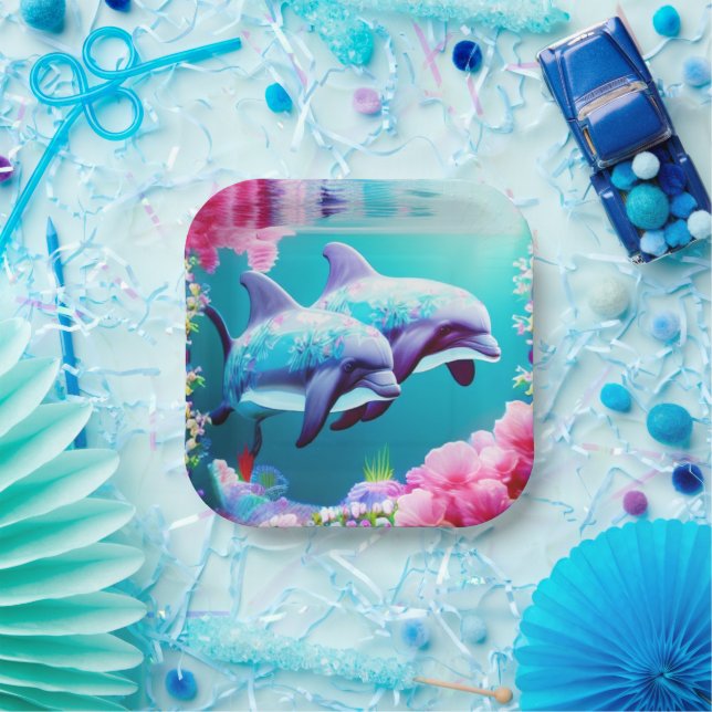Dolphins In Ocean Life with Flowers      Paper Plates (Party)