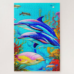 Dolphins in Ocean with Beautiful Coral Reef Design Jigsaw Puzzle