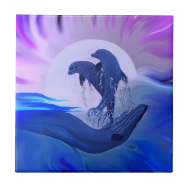Dolphins in the Moonlight Ceramic Tile (Front)