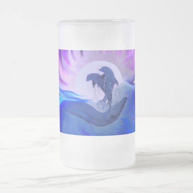 Dolphins in the Moonlight Frosted Glass Beer Mug (Center)