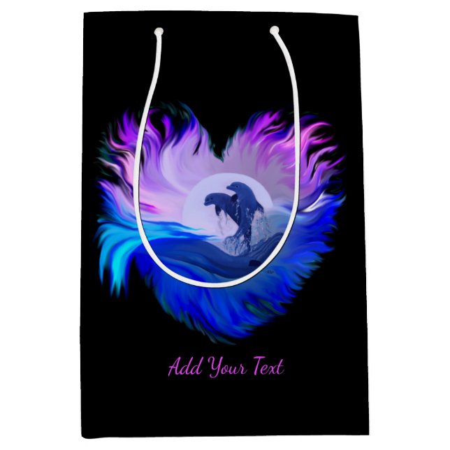 Dolphins in the Moonlight , Heart, Add Your Text Medium Gift Bag (Front)