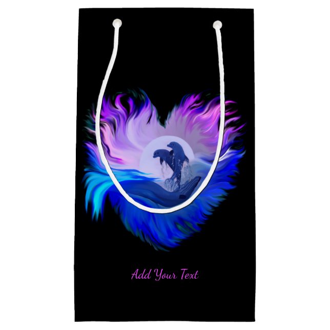 Dolphins in the Moonlight , Heart, Add Your Text Small Gift Bag (Front)