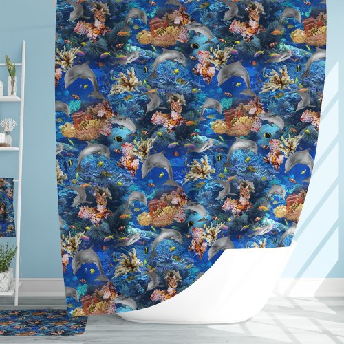 Dolphins In the Ocean with Tropical Fish Shower Curtain