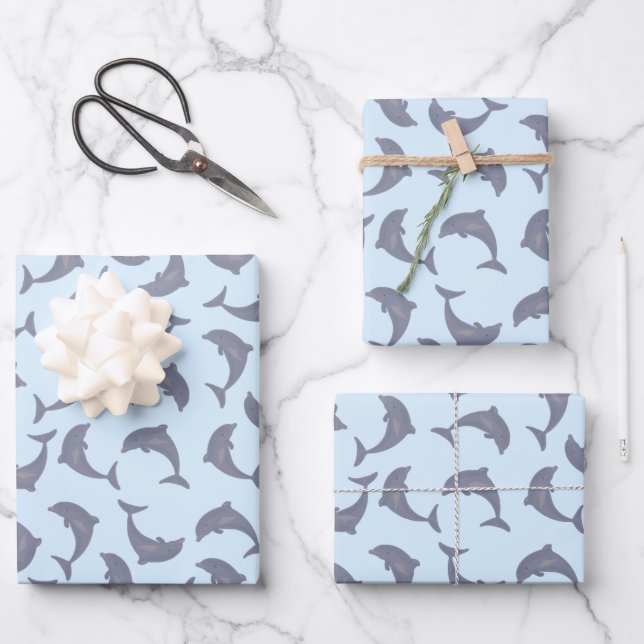 Dolphins in the Sea Pattern Wrapping Paper Sheets (Front)