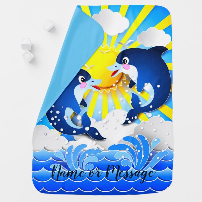 Dolphins in the Sun Personalize Add Your Name Text Baby Blanket (In Situ)
