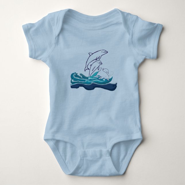 Dolphins in the waves Baby Jersey Bodysuit, White Baby Bodysuit (Front)