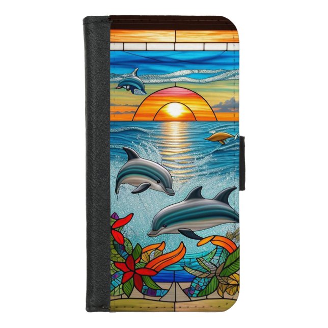 Dolphins Jumping at Sunset on the Ocean iPhone Wallet Case (Front)