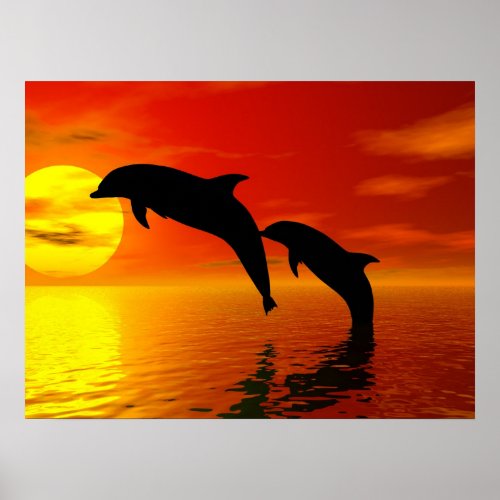 Dolphins Jumping Sunset Poster