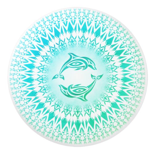 Dolphins Mandala Aqua Green White Nautical Ceramic Knob